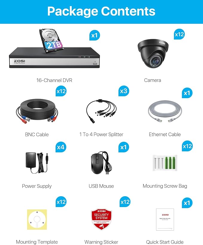 ZOSI 16 Channel Security Camera System 1080p, 2MP H.265+ Hybrid 16CH DVR with AI Human Vehicle Detect, 12 x 1080p CCTV Dome Camera Outdoor, 80ft Night Vision, 90° View Angle, Remote Access, 2TB HDD