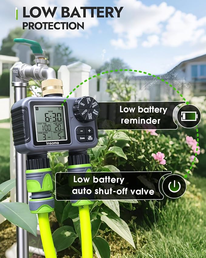 Insoma 2-Zone Sprinkler Timer with Brass Inlet, Water Hose Timer with Auto/Manual Modes + Rain Delay, Big LCD Display, for Garden, Yard Lawn, IPX5 Waterproof & Save Water