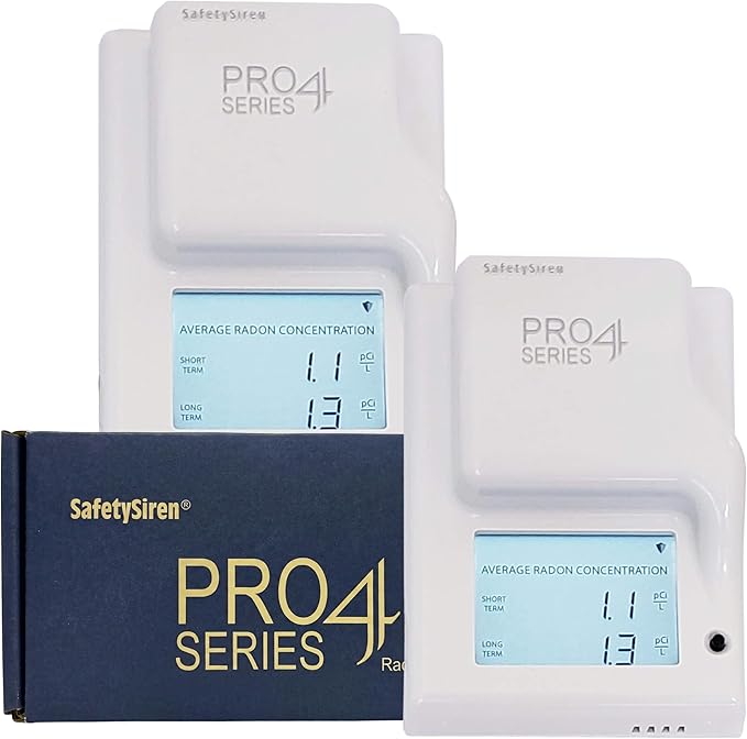 Safety Siren Pro4 Home Radon Gas Detector, Continuous Monitoring for Indoor Use with LED Indicators and Long-Term Radon Tracking, Real-Time Alerts, Digital Display and Alarm Function - 2 Pack