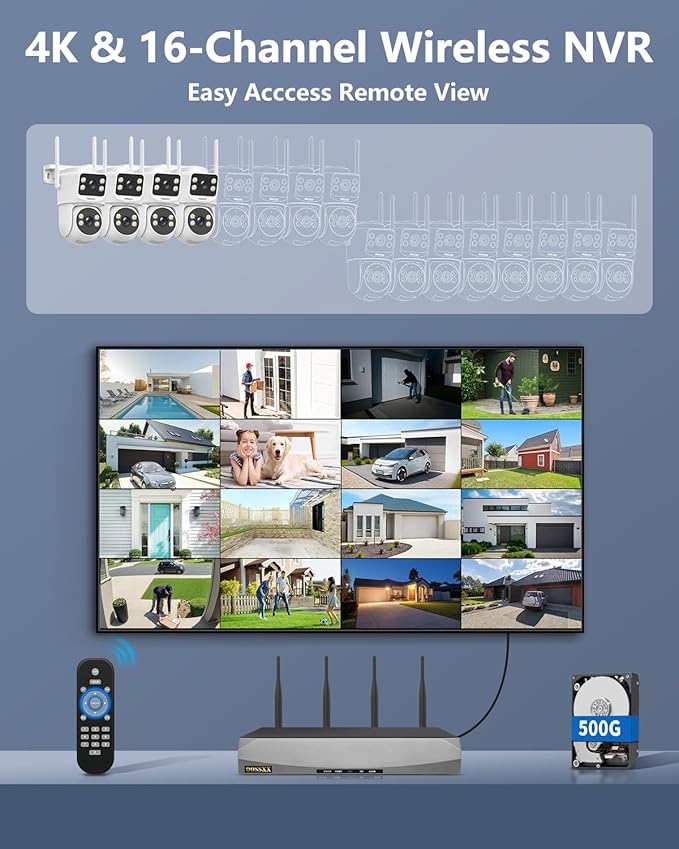 OOSSXX 2K Dual Lens PT Wireless Security Camera System, 2 Cameras in 1, 130° Wide Angle, Long Range WiFi +76%, PIR Human Detection, 2-Way Audio, 16CH NVR, No Monthly Fee