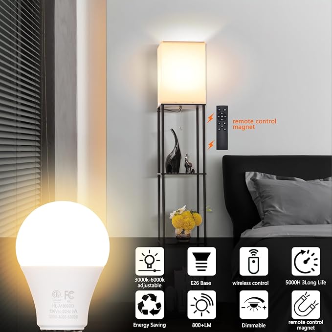 Gupuzm A19 LED Remote Control Bulbs, 800LM 9W, Equivalent to 60W Bulbs, Dimmable Bulb with Remote Control 3000K-6000K, E26 Base, CRI 80+,2.4GHz, Lifespan Over 25,000 Hours (9W-1 Remote-2 Bulb)