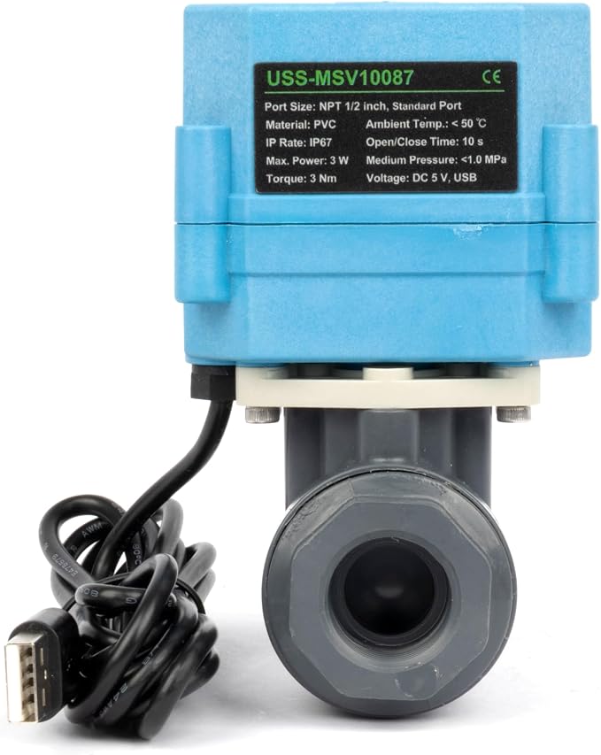 U.S. Solid WiFi Smart Motorized Ball Valve 1/2 in NPT, 2-Way PVC Electric Valve, USB Powered, LED Indicator, Remote On/Off for Water and Irrigation