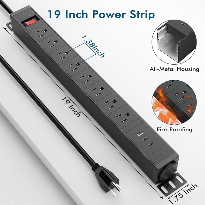360° Rotating Mountable Power Strip with USB Ports, 8 Outlet Power Strips Wall Mount, Metal Heavy Duty Versatile Outlet with 6FT Power Cord,for Home Office Industrial Garage Commercial