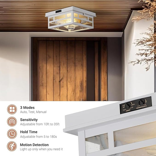 CALOKES Outdoor Flush Mount Motion Sensor White Ceiling Light - Timeless Industrial Design with Seeded Clear Glass for Your Porch, Driveway, Covered Patio, Farmhouse, and Entryway