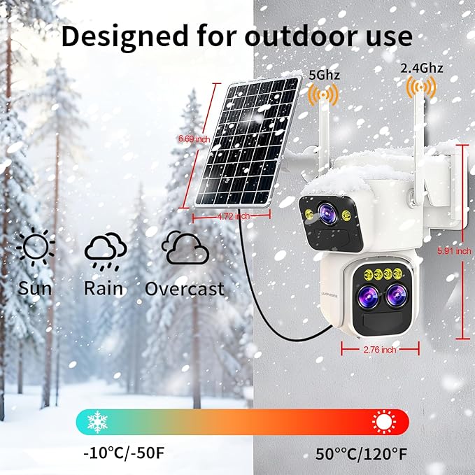 Triple-Lens Solar Security Cameras Wireless Outdoor, 360 PTZ Cameras for Home Security with 10x Hybrid Zoom, 5G/2.4G WiFi, No Month Fee, PIR Alarm, Full Color Night Vision, Two-Way Audio, IP65