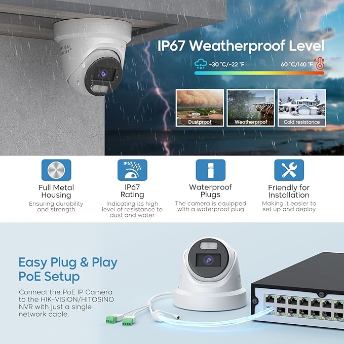 4K 8MP Color View Turret PoE IP Camera Outdoor with Smart Hybrid Light, Strobe Light & Audible Warning, AI VCA, Human/Vehicle Detection, 4K-25fps, 1/1.8" Sensor, F1.0 Aperture, 2-Way Audio, 130 dB WDR
