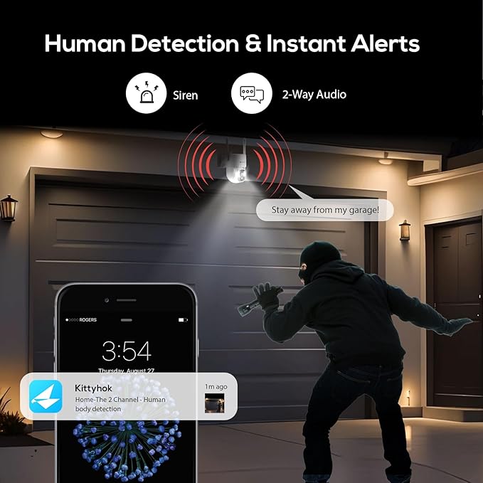 Kittyhok Home Solar Securiy Camera System | 4pcs Bullet & 2pcs PT Wireless Solar Security Camera Outdoor, Human Detection, Spotlight | 10CH NVR, 10'' IPS Monitor, Local Storage