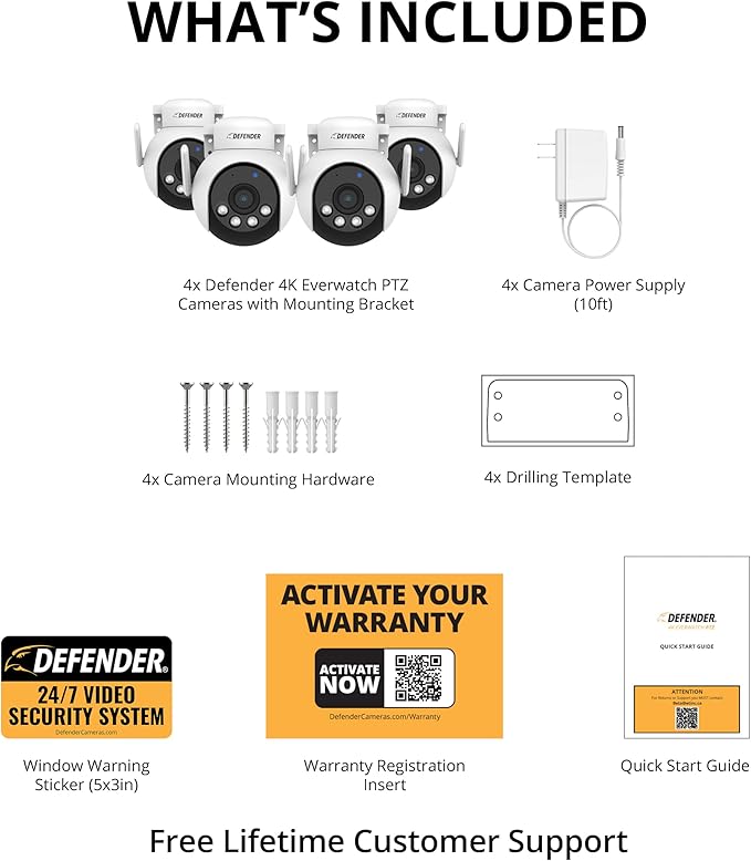 Defender AI Powered 4K Everwatch PTZ Plug in Outdoor Camera, AI Human/Vehicle Detection, WiFi 6/Bluetooth Wireless Camera, Color Night Vision, Deterrence, Mobile App, 4 Pack, Empower App