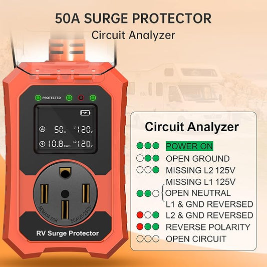 RV Surge Protector 50 Amp Waterproof- Smart 50Amp Power Protectors with Real-Time KWH, Voltage, and Current Monitor Screen, LED Display Circuit Analyzer for Camper Travel Trailer (Orange, 50 Amp)