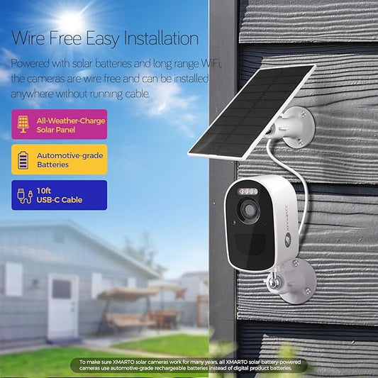 xmartO 4MP QHD WiFi6 Dual-Band Wireless Solar-Powered Indoor & Outdoor Home Security Camera System (Long Range WiFi, Free 64GB Loop Storage, No Monthly Fee, 2-CAM Kit)
