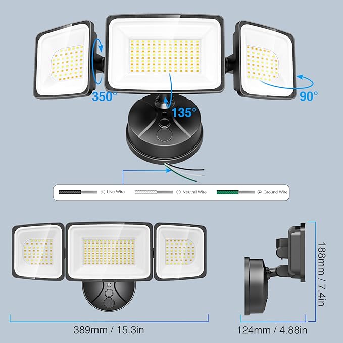 Onforu 100W Smart Flood Lights Outdoor, 3 Adjustable Heads, 9000LM Dimmable Hardwired Security Light, WiFi Alexa Control Floodlight, 2700K-6500K Tunable