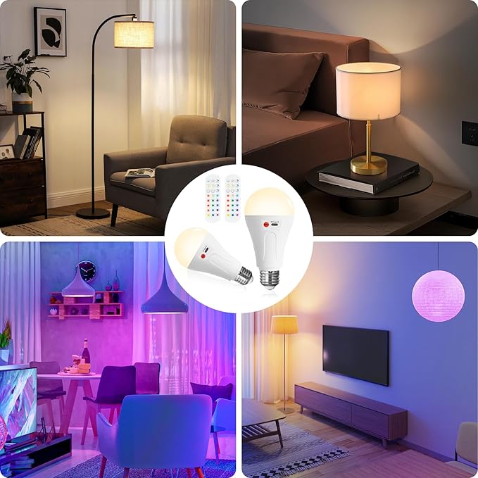 5000mAh Rechargeable Light Bulbs with Remote, E26 A21 Wireless Battery Operated LED Light Bulbs for Lamp, 12 RGB Dimmable Color Changing Light Bulb for Outdoor Use, 1 Pack
