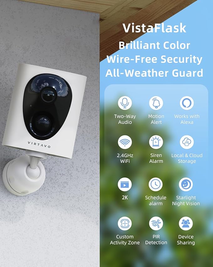 virtavo VistaFlask 2K Security Cameras Wireless Outdoor, Battery Powered, AI Motion Detection, for Home Security, Starlight Lens for Colorful Night Vision, 2-Way Audio, Cloud/SD Storage 4pack