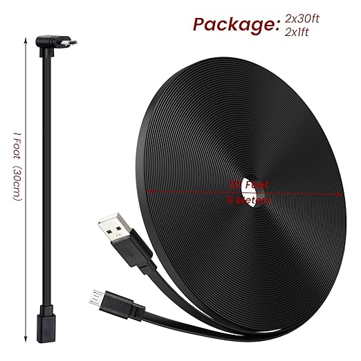 2-Pack 30ft Power Cable for Wyze Cam v4,Wyze Cam Pan v3,Wyze OG,Wyze Cam v3 Pro Security Cameras - 9m Long Flat Extension Micro USB Charging Cord with L-Shaped Short Adapter & 18W Fast Charger, Black
