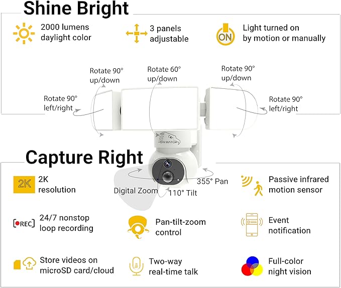 24/7 Recording Solar Floodlight Security Camera Wireless Outdoor, Motion-Activated Alert/2000LM Floodlight/105dB Siren, WiFi, 2K, HD Live View/Talk, 360° Pan & Tilt, Free Local 128GB Storage