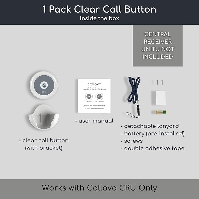 Wireless Clear Call Button for Elderly at Home Caregiver Pager Reset Button ONLY Compatible with Callovo Central Receiver Unit Nurse Call System for Nursing Home Service Staff Office Clinic
