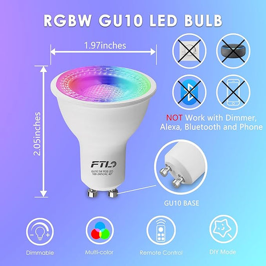 FTL GU10 LED Color Changing Light Bulb with Remote Control, RGB Dimmable Colored Light Bulbs 5W 40W Equivalent, 2700K-6000K, 30 Colors, Timer, Spotlight Bulb for Track Recessed Lighting 10-Pack