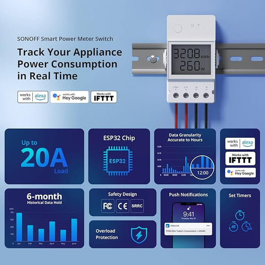 SONOFF POWR320D Elite 20A WiFi Smart WiFi Wireless Light Switch with Energy Monitoring, Universal DIY Module for Smart Home, Works with Amazon Alexa & Google Home, No Hub Required