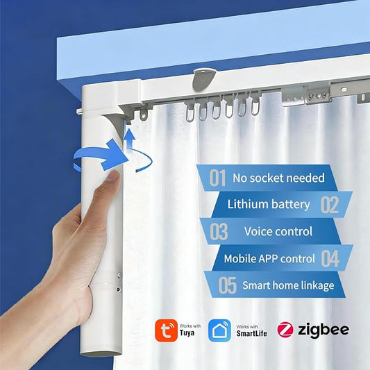 Zigbee Motor for Smart Curtain Track System, No Wiring Required, Automatic Ceiling Curtain Opener, Motorized Curtains with App, Voice, Remote Control, Compatible with Alexa,Google and Siri