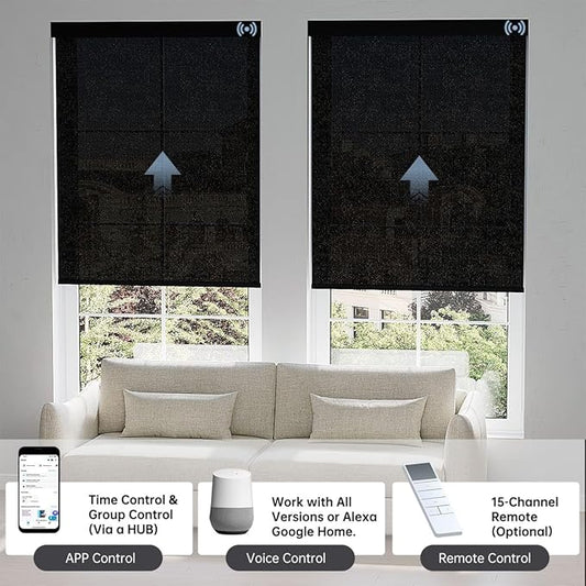 Motorized Blinds with Remote, Light Filtering Smart Blinds for Windows Automatic Roller Shades Compatible with Alexa, Motorized Shades Customized for Living Room Home Office (Black)