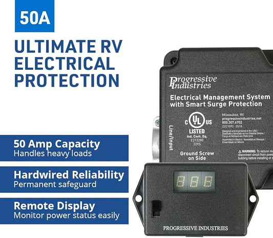 Progressive Industries EMS-HW50C Heavy Duty RV Surge Protector, Black, 50 Amp