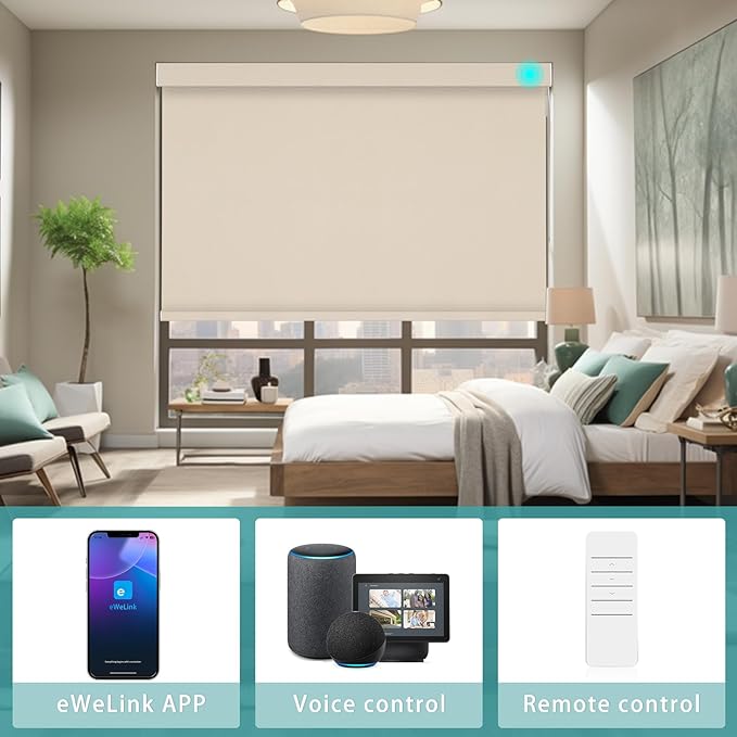 Changshade Smart Roller Shade with Remote Control Blackout Automatic Window Shades for Home Custom Size Motorized Blinds for Windows Compatible with Alexa,Google Home,Apple Homekit, Yellowish Beige