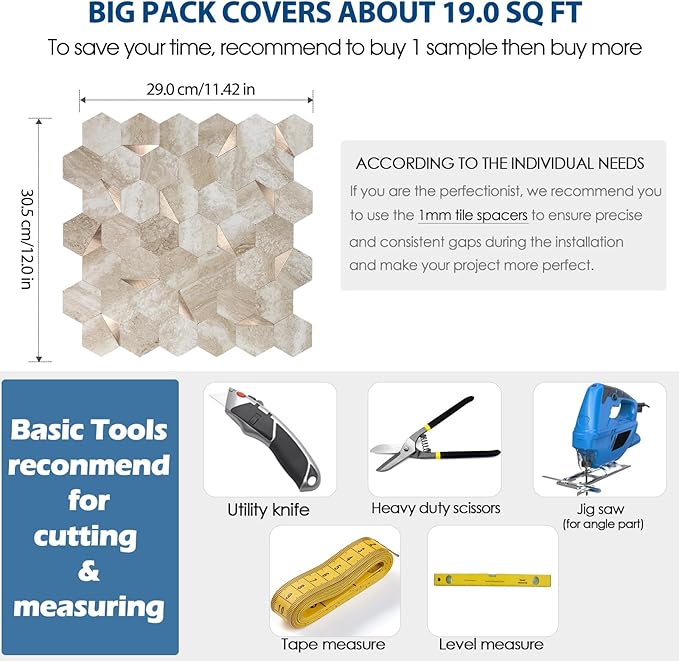 10 Sheets Beige Slate Hexagon Peel and Stick Backsplash for Kitchen Wall, Heat Resistant Stick on Backsplash PVC Smart Tiles, Waterproof Peel and Stick Wall Tiles for Bathroom