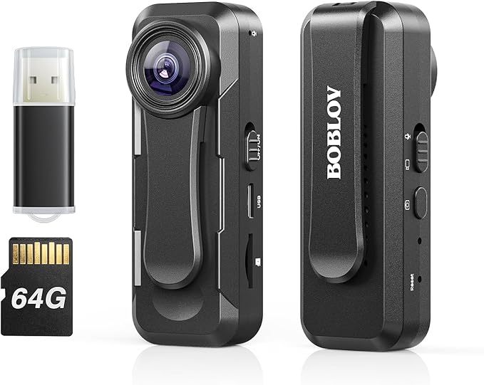 BOBLOV W1 64GB HD 1080P Body Worn Camera, Wearable Body Cam with 2 Clips, Loop Recording Body Camera Support Time Stamp, Back Clip for Traveling, Driver, Delivery Man, Lecture Recording