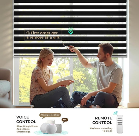HeyBlinds Motorized Zebra Blinds with Remote, Smart Cordless Electric Zebra Shades for Indoor Windows Compatible with Alexa Google & Homekit, Custom Size (Wool-Black LF)