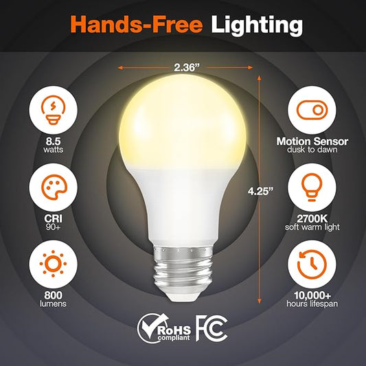 Sylvania A19 Dusk to Dawn LED Light Bulb with Motion Sensor, 8.5W = 60W, Frosted Finish, 90 CRI, Security/Safety Bulb, Damp-Rated, 2700K, Soft White - 2 Pack (42710)