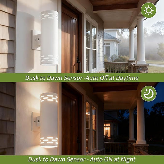 Dusk to Dawn Modern Outdoor Wall Lights, 12'' Up and Down Integrated LED Cylinder Exterior Lighting Fixtures, 23W 3000K IP65 Waterproof Wall Sconces for House, Garage, Patio, Porch, White