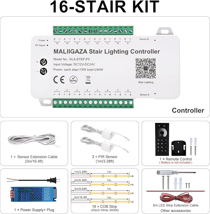 Smart Motion Sensor Staircase LED Strip Lights Kit, Intelligent 16-Step Light Controlled by APP & Remote(Not Include Battery) with 3000K Strips, Ideal for Indoor Stair Light Hallways & Stairs