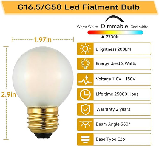 G16.5 E26 Dimmable LED Filament Globe Bulb, 2W/25W Equivalent 2700K Warm White Frosted Glass, Ideal for Decorative Lighting, 6-Pack