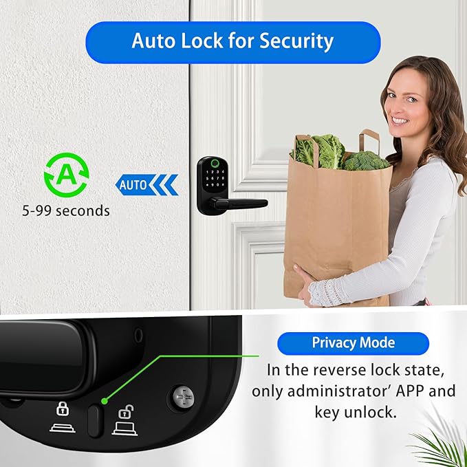Smart Lock with Handle,Fingerprint Keyless Entry Door Lock,App Control,Keypad Deadbolt with Auto Lock,One-Time Codes,for Front Door,Airbnb & Rental Property,Easy Installation
