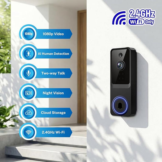 1080P Wireless Home Security Doorbell Camera with Receiver,AI Human Detection,Real-Time Alerts,2-Way Audio,Battery Powered,Night Vision,Cloud Storage, 2.4Ghz Wi-Fi
