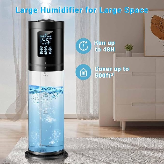 Humidifiers for Bedroom Large Room, 4 Levels Cool Mist Humidifier with Clear Tank, 7 Color Lights Essential Oil Diffuser with 16H Timer, Top Fill Humidifier for Home Plants Office