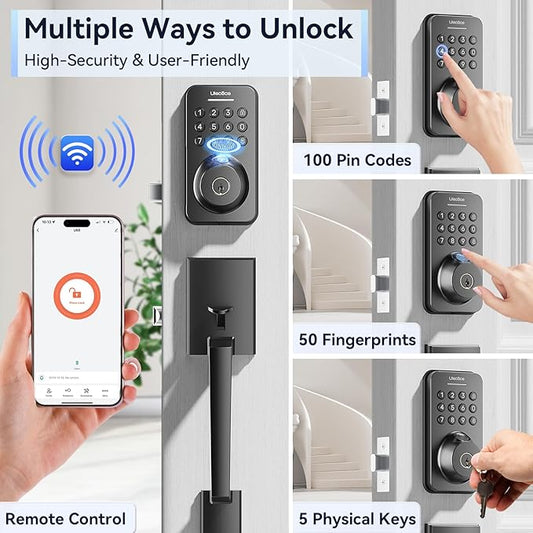 Ulecoce Fingerprint Keypad Deadbolt with Handle Set, Keyless Entry Door Lock, Door Locks for Front Door Lock Set, App Control, Auto Locking, Easy to Install, Matte Black