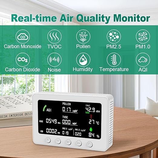 10 in 1 Air Quality Monitor Indoor,with WiFi and APP,7" Display,Detector for CO2,Pollen,Noise,Decibel Meter,TVOC,PM1.0,PM2.5,AQI,Temp and Humid,Air Quality Meters for Home,Office (White)