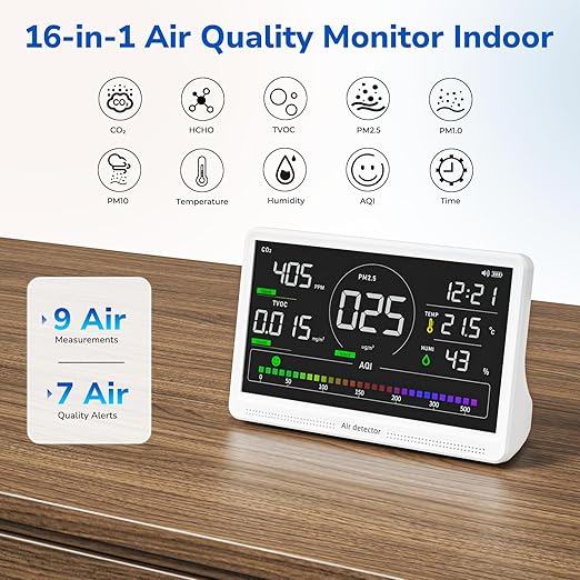 Fil-Fresh 16 in 1 Air Quality Monitor Indoor, CO2 Monitor Air Quality Tester with 9 Display+7 AQI Alerts for CO2, TVOC, HCHO, PM2.5, PM1.0, PM10, Time, Temperature, Humidity Meter, 7" Large Display