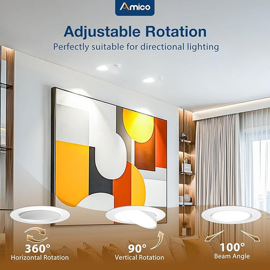 Amico 12 Pack 3 Inch 5CCT Gimbal LED Recessed Lighting, 360°&90°Adjustable Eyeball Directional Downlight, Dimmable, 2700K/3000K/3500K/4000K/5000K Selectable, 8W 600LM CRI90+, White, ETL&FCC