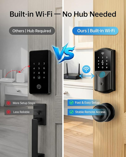 Built-in WiFi Smart Lock with 2 Knobs - Firstriver Fingerprint Keyless Entry Door Lock Set for Front Door, App Control, Keypad Deadbolt, Auto Lock, Compatible with Alexa & Google Assistant, Black