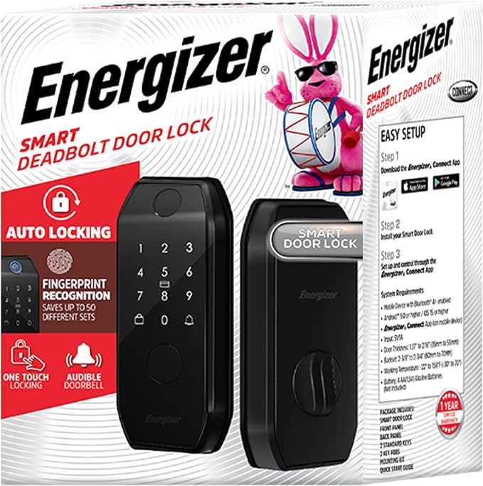 Energizer Smart Door Lock, Deadbolt with Keyless Fingerprint Entry, App Control, Anti-Peep Passcode Touchscreen, 2 Key Fobs & 2 Keys, Holds 50 Fingerprints, One-Touch & Auto-Lock, Doorbell