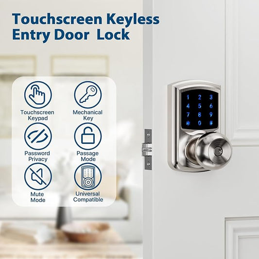 Hidalife Keyless Entry Door Lock with Code, Keypad Door Lock with Handle, Touchscreen Digital Lock with Keypad for Front Door, Auto-Lock, Satin Nickel