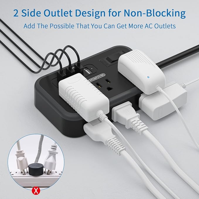Flat Plug Extension Cord 10 Ft, NTONPOWER 6 Widely Spaced Outlet(2 Side) Power Strip with 4 USB Ports, Overload Protection, Wall Mount Charging Station for Home Office, Nightstand and dorm room, Black