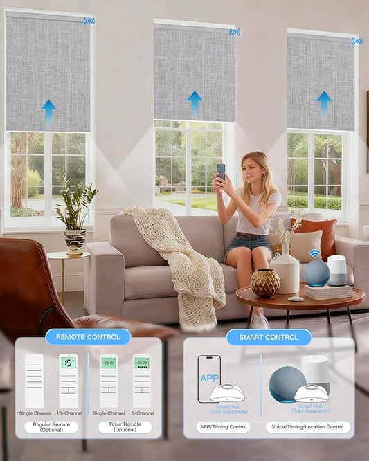 Tokblind Motorized Roller Shade with Remote Control, Blackout Electric Shade for Windows Compatible with Alexa Google via Hub, Rechargeable Smart Window Blind for Home Office (Fabric Light Grey)