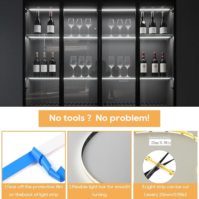 12V White COB LED Strip Light Kit-6pcs 3.3FT Self-Adhesive LED Strip Parallel with Dimmable Touch Sensor Switch, Led Light Strip for Wood Slat Wall Panels, Home decor, Under Cabinet Strip Light