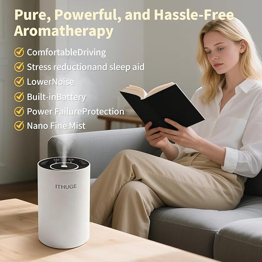 Waterless Essential Oil Diffuser, Portable Nebulizer with 3 Intensity Levels, Battery Powered for Car Home Office (White)