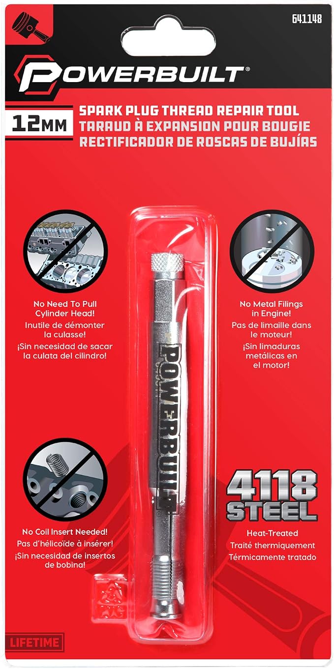 Powerbuilt 12mm Back Tap Spark Plug Thread Repair Tool, Straightening Tool, Motorcycle Spark Plugs, Repairs Damaged Threads, Collapsible Design - 641148