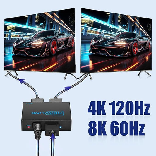 HDMI Splitter - HDCP, HDR, Dolby/DTS5.1/7.1 - Compatible with Firestick 4k Max, PS3/PS5 & Elgato HD60s/x/Pro, Apple TV 4K, Retrotink, Roku soundbar, NOT for Phone (HB-SP102B-8K)