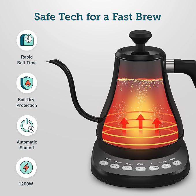COSORI Electric Gooseneck Kettle Smart Bluetooth with Variable Temperature Control, Pour Over Coffee & Tea Maker, 100% Stainless Steel, Quick Heating, Matte Black
